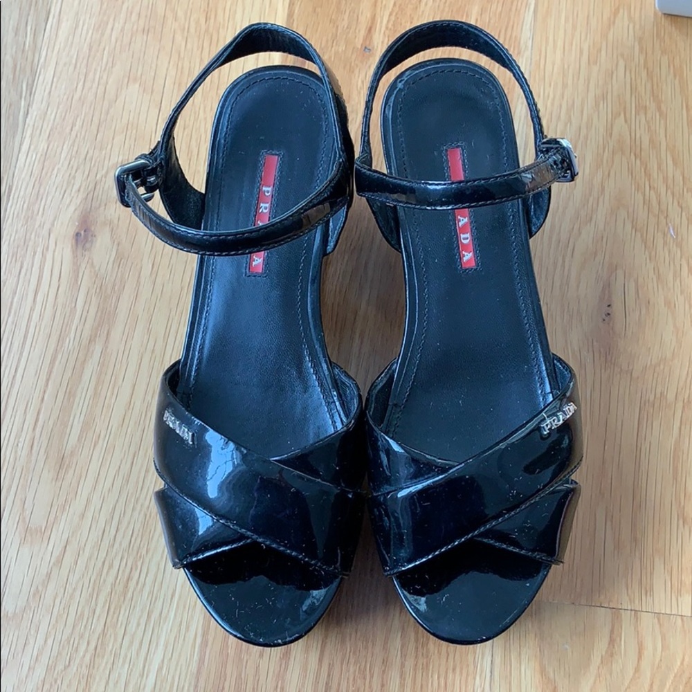 Authentic Prada patent leather wedge sandals